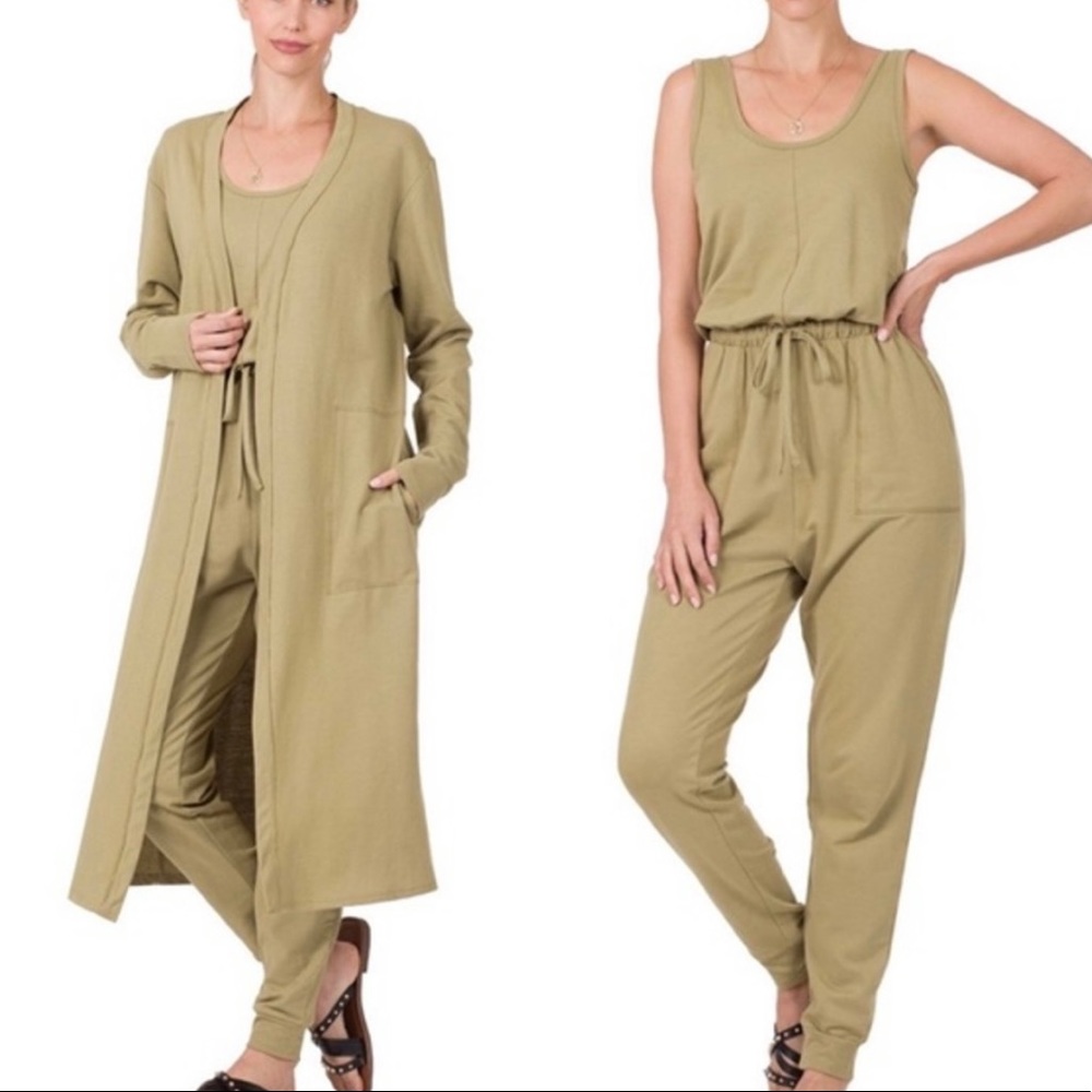 Sage Green French Terry Jumpsuit & Cardigan Set Size Small & Large